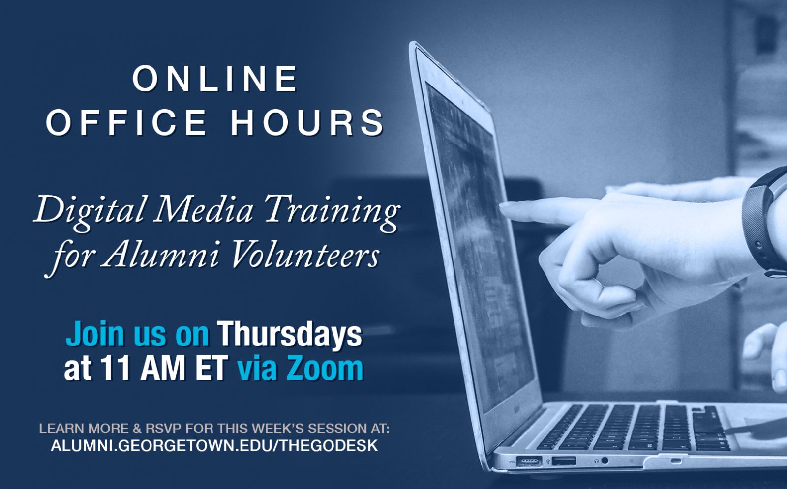 graphic that reads: online office hours: digital media training for alumni volutneers: Join us thursdays at 11am ET via Zoom