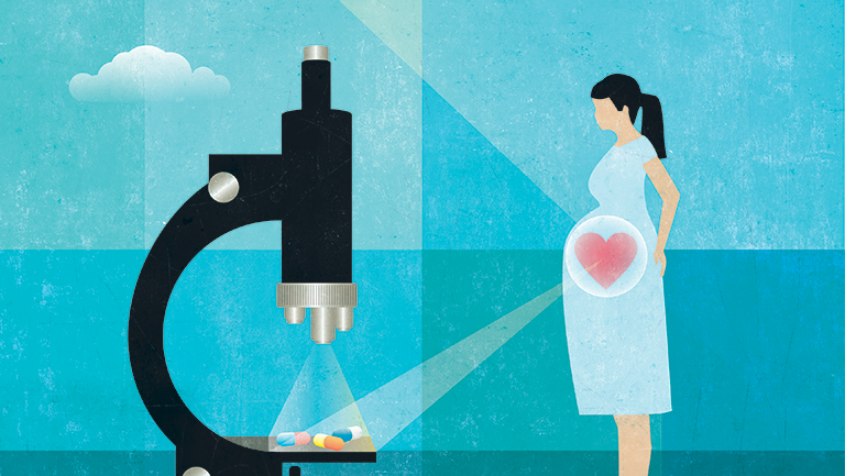 graphic of pregnant woman with heart in womb with rays coming out that connect to a microscope with pills under it