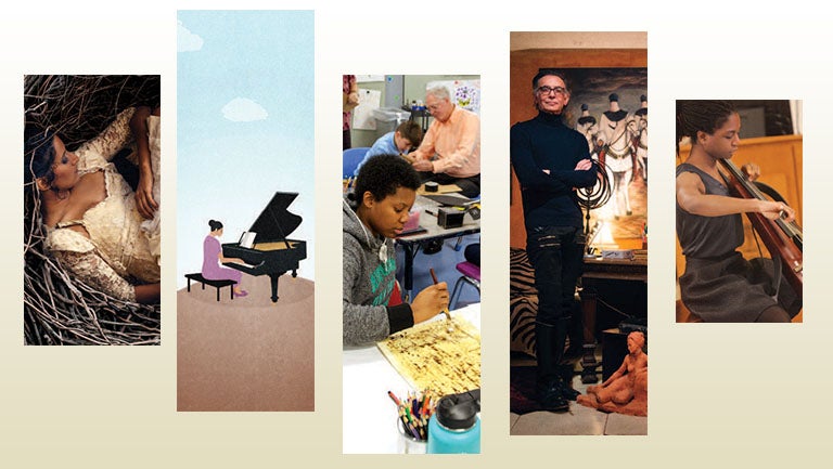 collage of images: woman in dress, playing piano, kid doing art, person playing cello