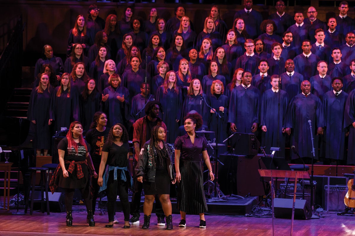 Fatima Dyfan (C’21) (third from left) performs in an ensemble work of theater, dance, and spoken word, co-directed by Maya Roth and Mar Cox (C’17), as part of the 2018 Martin Luther King Jr. Day celebration at the Kennedy Center.