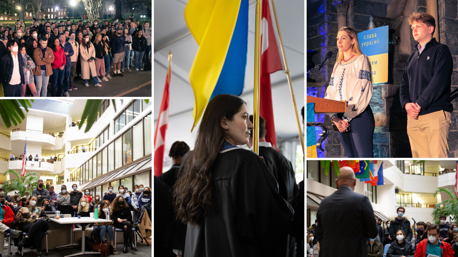 images from a town hall about Ukraine on Feb. 24, 2022; a student-organized rally to support Ukraine on March 2, 2022; and Ukrainian student Salome Mikadze carrying the Ukranian flag at the New Student Convocation in 2018