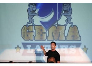 Jeff Civillico entertains a full house with this hiliarous antics during GEMA Laughs.