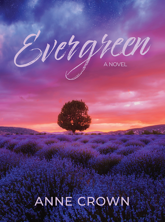 A sunset behind a tree with the words 'Evergreen: A Novel'