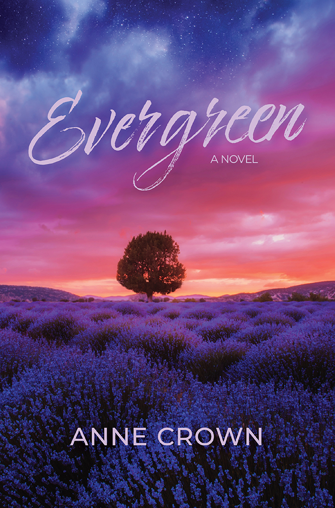 A sunset behind a tree with the words 'Evergreen: A Novel'