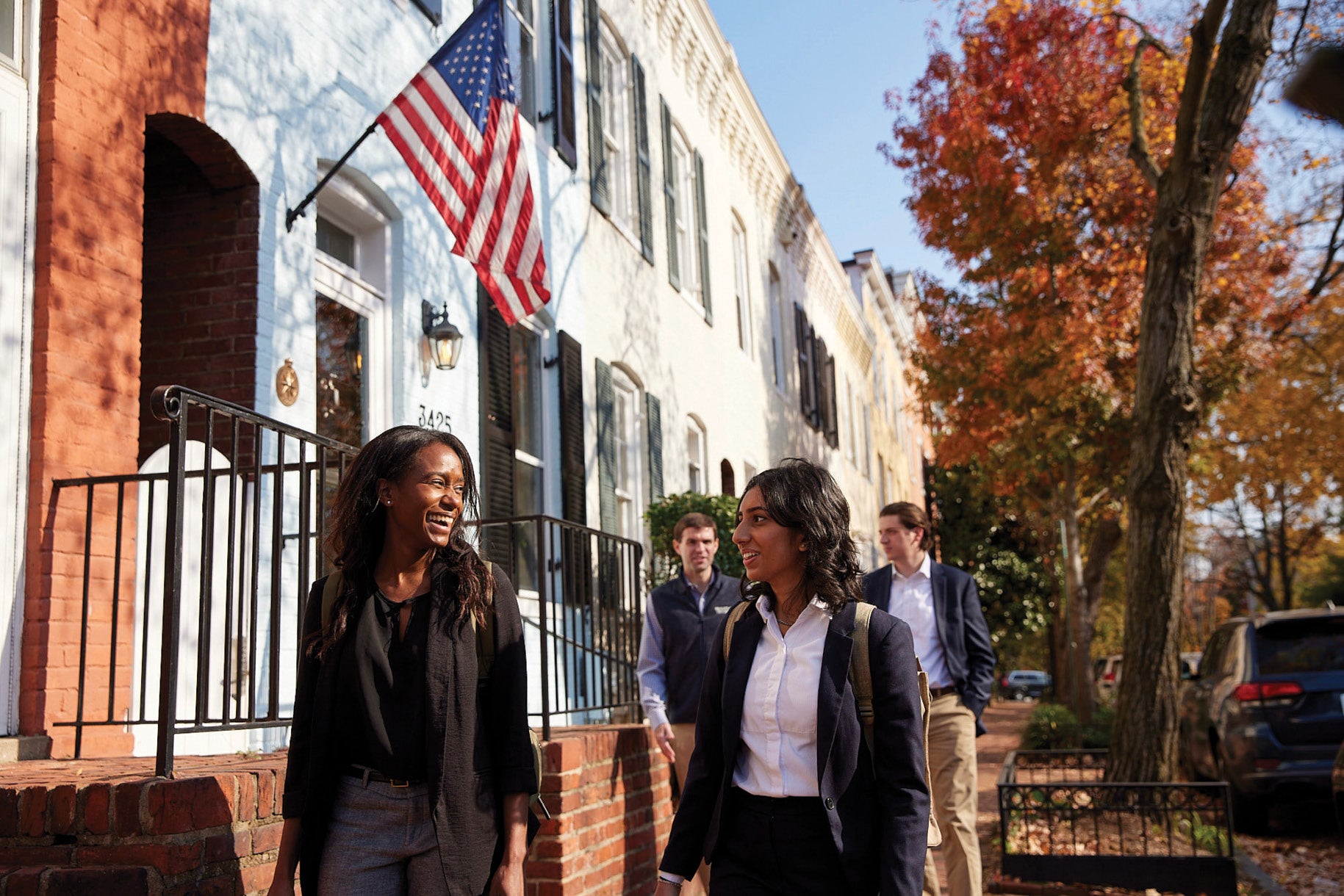 students walking down the street