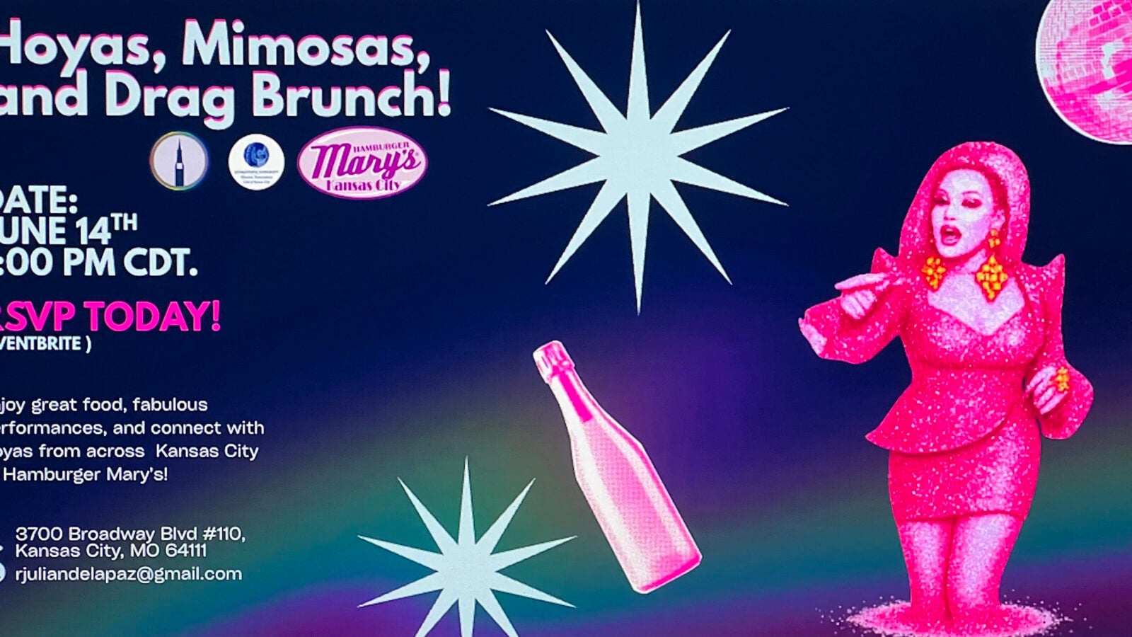 A colorful depiction of a pink drag queen, a pink bottle, two white stars, and the event description