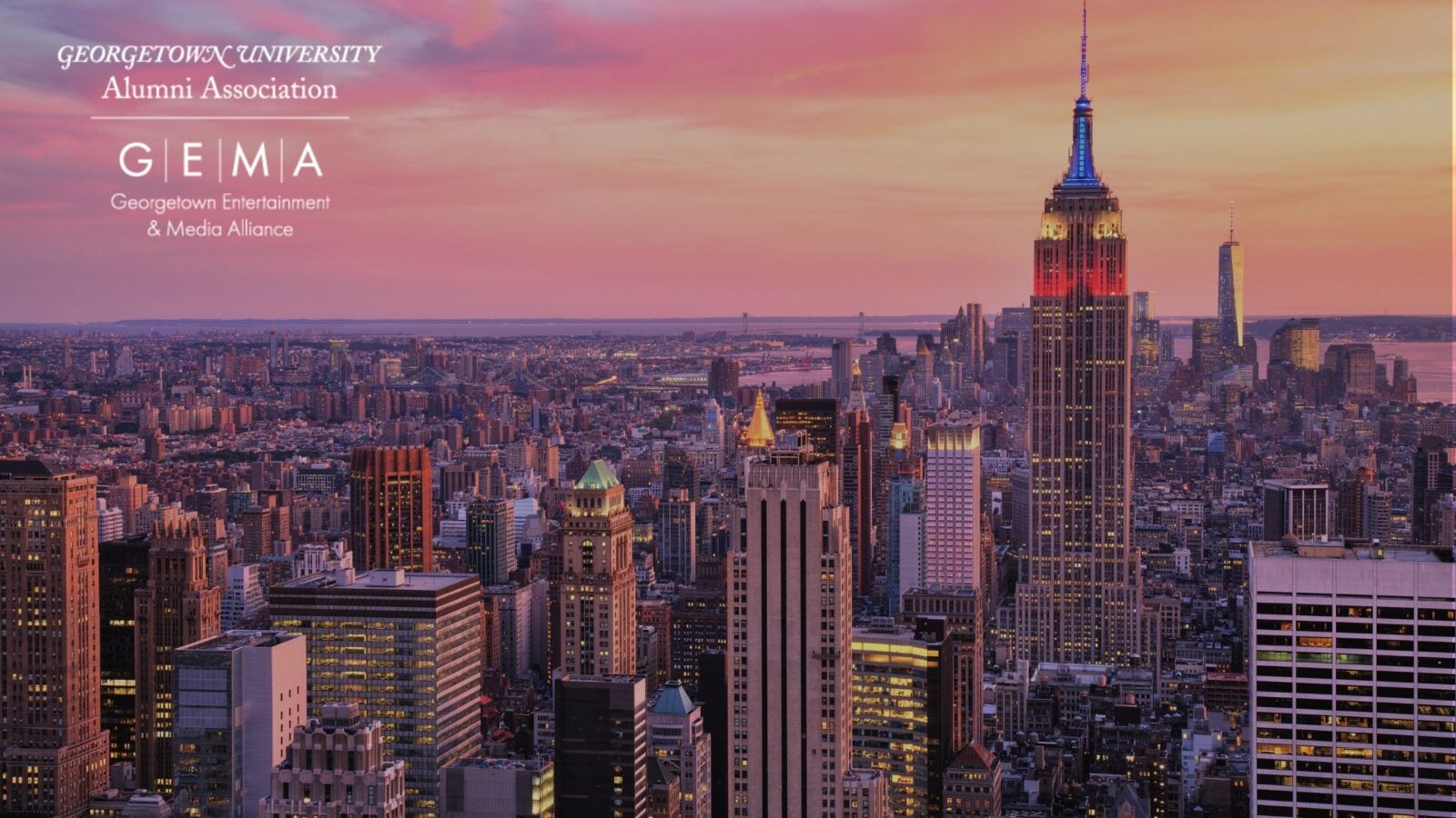 NYC skyline with the GEMA logo in front