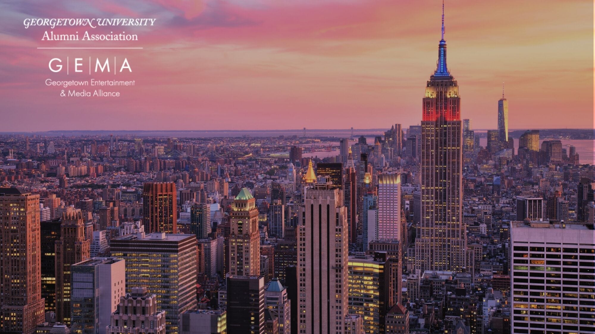 NYC skyline with the GEMA logo in front