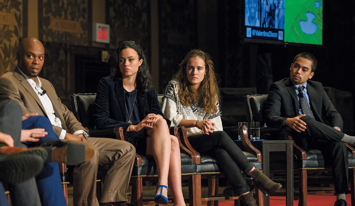 Valentino Dixon (far left) of Buffalo, New York, shared his story last November in Gaston Hall with Isobella Goonetillake (C’18), Julie Fragonas, and Naoya Johnson