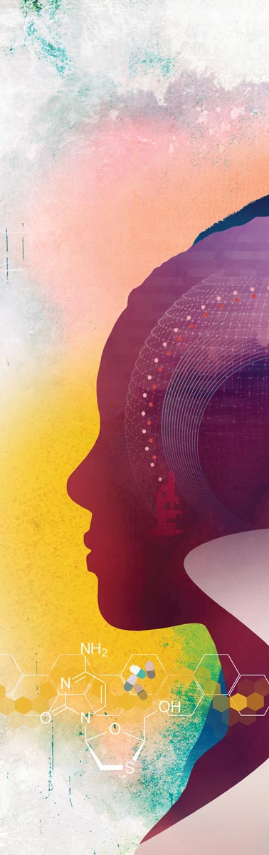 profile of woman above molecules